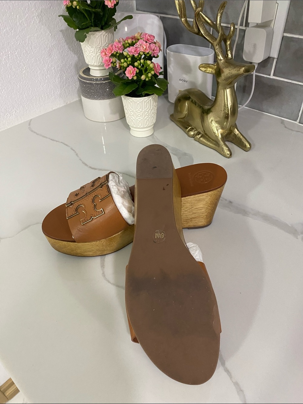 Tory Burch Tan Leather Logo Slide Mules - Picture 4 of 5